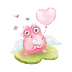 Watercolor pink frog with angel wings. Saint Valentine illustration. Female cartoon baby frog handing white lotus and heart shape pink balloon with little cute midge flying around. Girl frog on green