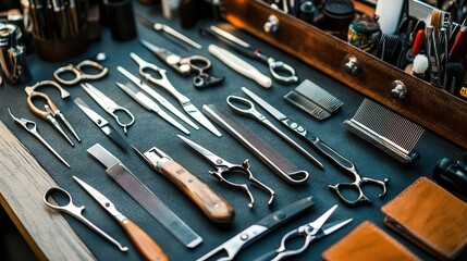 Fototapeta premium A barbers toolkit with scissors, clippers, razors, and combs, representing the essential tools of the trade.