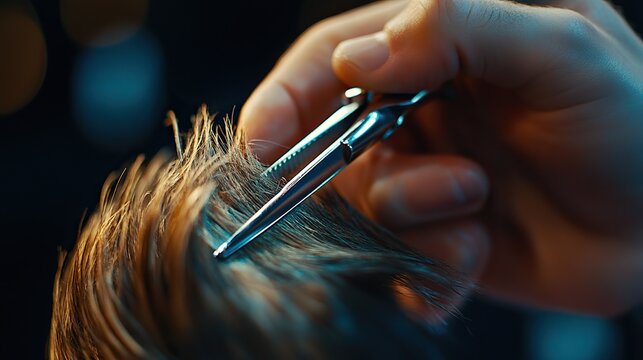 A barbers hand holding professional scissors, skillfully cutting through a clients hair.