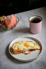 toast with cheese. homemade bread. Top view. Wooden background	
