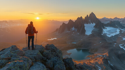 Fototapeta premium Hiking at sunrise along a mountain ridge with stunning views of peaks and lakes in the distance in the early morning hours