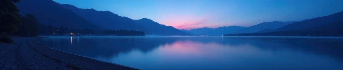 Fototapeta premium Pre-dawn lake, blue hour, still waters, soft light , water, view