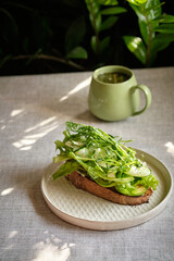 toast with cheese, zucchini, lettuce, cucumber and pea sprouts. homemade bread. Top view. Wooden background	
