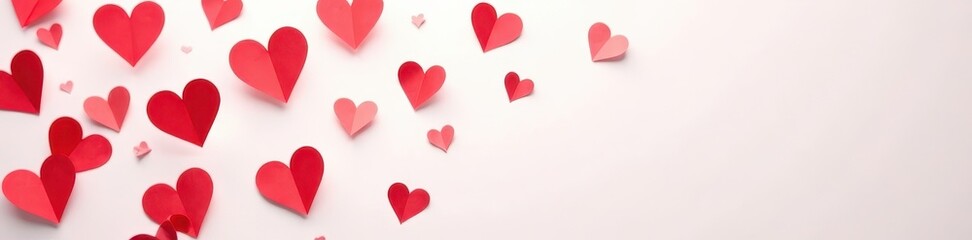 Scattered red paper hearts, crisp white backdrop, handmade, DIY