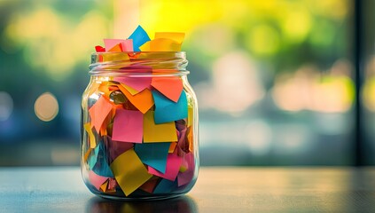 Colorful sticky notes in a glass jar outdoors