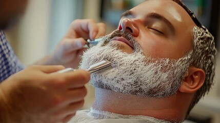 A customer with a full beard getting a professional trim, the barber using both clippers and razors for a clean look.