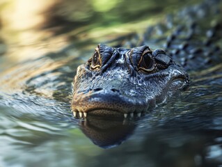 Fototapeta premium Close-Up of a Crocodile Head Emerging from Water with Reflections and Textures Highlighting Natural Beauty and Habitat in a Serene Environment