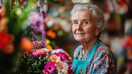 Elderly Woman with Flowers in a Vibrant Market Surrounded by Colorful Blooms and Nature's Beauty Capturing Joy and Serenity in Daily Life
