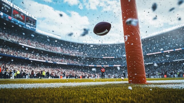 A field goal attempt in a football game, the ball soaring through the air as the kicker follows through.
