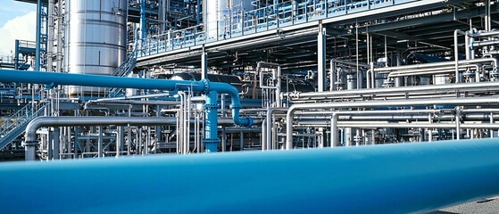 Fototapeta premium A complex network of industrial pipes and equipment in a factory setting, showcasing modern engineering and infrastructure.