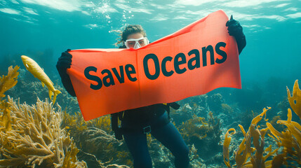 Diver underwater holding a red banner with "Save Oceans" message, advocating for marine conservation and environmental protection amid coral reefs