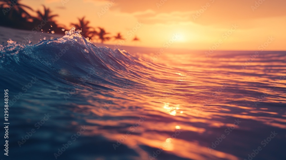 Poster golden sunlight dances on gentle ocean waves, creating a serene atmosphere as the sun sets on a dist