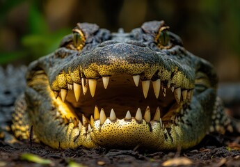 Obraz premium Close-Up of a Crocodile Head Showcasing Sharp Teeth and Distinctive Features in a Natural Habitat Setting