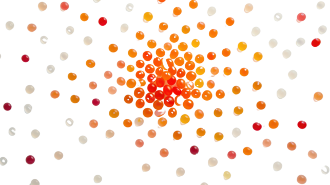 Salmon eggs or fish roe forming a colorful gradient on transparent background