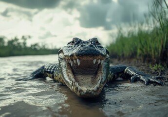 Obraz premium Close-up of a crocodile in a wetland environment, showcasing its open jaws and sharp teeth, with lush greenery and cloudy sky in the background