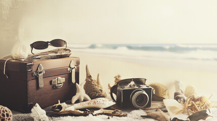 Retro Travel Collection in Warm Tones with Beach Horizon Background with Copy Space
