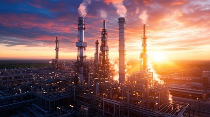 Large industrial oil refinery with numerous pipes and storage tanks under a clear blue sky