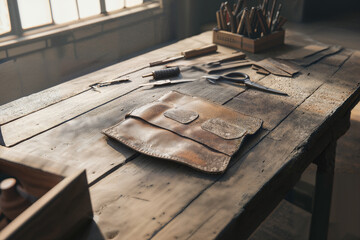 Cozy Artisan Workshop with Handmade Leather Bags and Tools