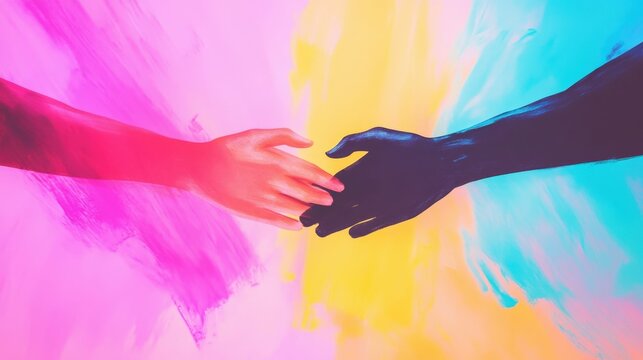 Unity and connection: close-up of hands joining in supportive gesture on vibrant background