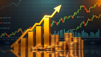 Financial Growth and Investment Success: Gold Coins and Rising Stock Market Graph