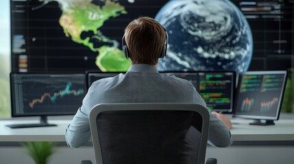 A Focused Trader Analyzes Global Financial Data on Multiple Monitors, Featuring Stock Market Trends, World Map Visualization, and Technological Integration for Investment Strategies, Economic