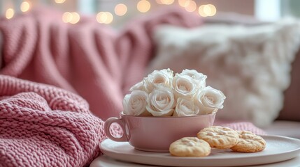 Delicate white roses sit gracefully in a pink cup, paired with delicious cookies on a round tray. A soft knitted blanket adds warmth, creating an inviting and cozy ambiance for relaxation