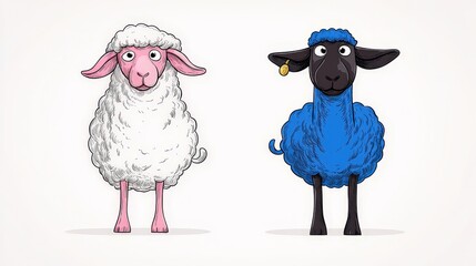Two cartoon sheep one white and one blue stand together