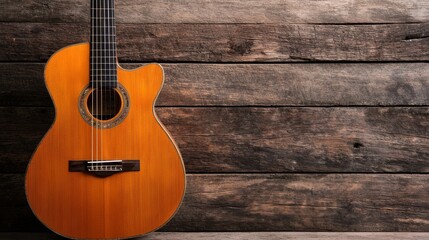 Obraz premium Acoustic Guitar Against Rustic Wood Background with Warm Lighting