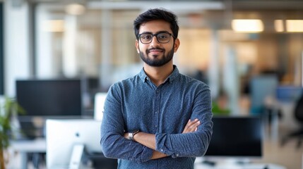 Confident young professional man standing with arms crossed in modern office environment with computers and natural light in background