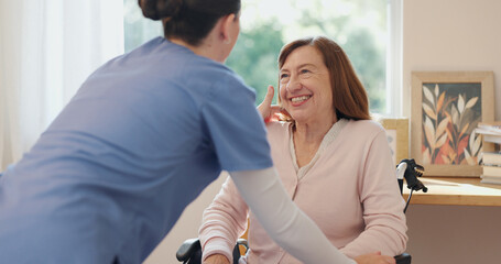 Nurse, support and wheelchair of elderly woman with smile for grooming, kindness and communication....