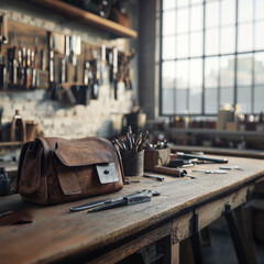 Cozy Artisan Workshop with Handmade Leather Bags and Tools
