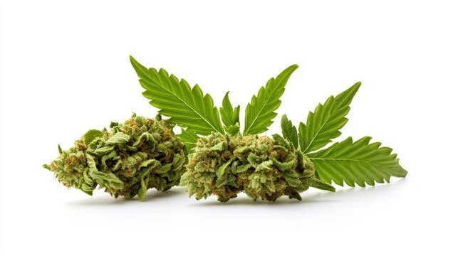 Two marijuana buds with green leaves on a white background for cannabis and botanical reference