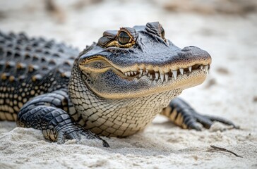 Fototapeta premium Close-Up of a Crocodile on Sandy Shore with Detailed Scales and Intense Expression, Capturing the Intrigue of Nature's Predators