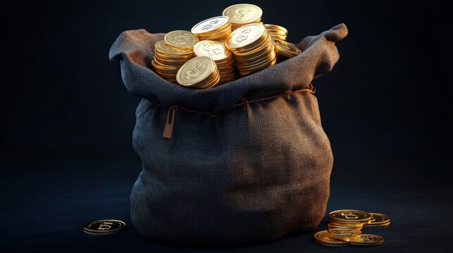 A burlap sack overflowing with gold dollar coins