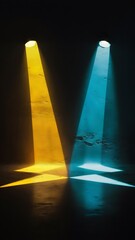 A dark background with a yellow and blue light