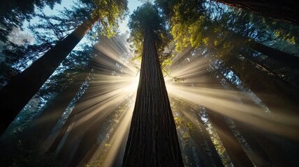 Towering redwood trees in a dense forest, sunlight streaming through the massive trunks, peaceful and majestic atmosphere