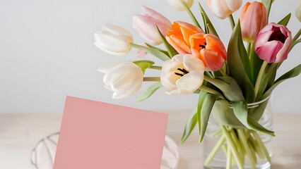 Bouquet of spring tulips with blank paper isolated on pink