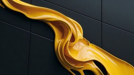 Close-up view of bright yellow flowing paint on black background