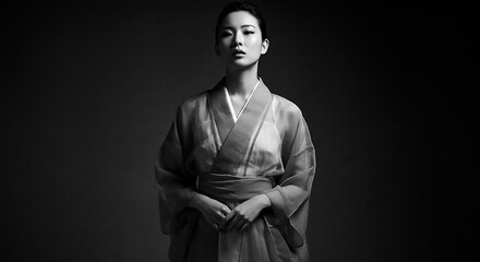 Graceful Japanese Model in Modern Kimono Over Delicate Bodysuit in Black and White Generative AI