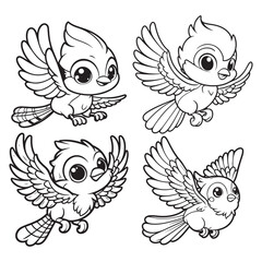 High-Quality Cute Cartoonic Jay Flying Pose Outline Vector Illustrations