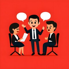 A cartoon of three people sitting in chairs and talking