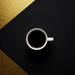 A cup of coffee placed on a luxurious gold and black background, creating a minimalistic and elegant flat lay composition. The top-down view emphasizes the contrast between the rich dark coffee and th