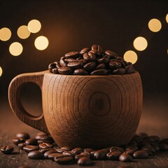A white coffee cup filled with freshly brewed coffee, placed on a wooden surface with scattered roasted coffee beans around it, creating a warm and rustic café ambiance.