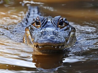 Obraz premium Close-Up of a Crocodile Swimming in Clear Water Showcasing Textured Scales and Sharp Teeth in Natural Habitat under Soft Lighting Conditions