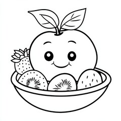 Cute Cartoon Fruit Bowl with Smiling Apple Character, Coloring cartoon for child in summer 2025