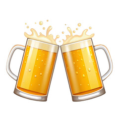 Two Beer Mugs Toasting, Splashing Beer, Isolated on Transparent Background, Illustration, Clipart, Beer, Beverage, Cheers