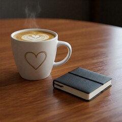 A white coffee cup with a heart design sits on a table beside a notebook.