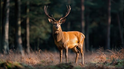 Fototapeta premium A majestic deer with large antlers stands inside a forest