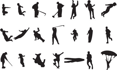 Vector silhouettes of men and a women, golf, exercise, hip hop dance