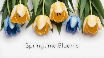 Top view of yellow and blue tulips with leaves on white background, banner